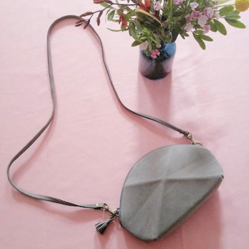 Small Cross body bag green leather with detachable strap everyday purse with unique origami detail Grey suede