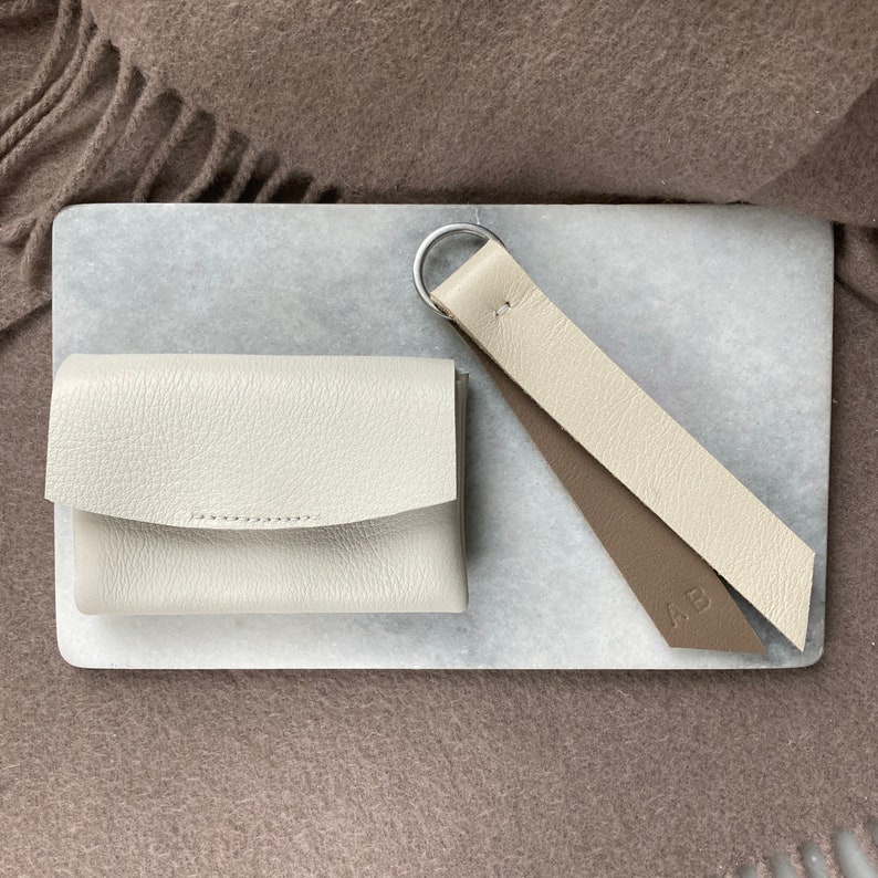 Minimalistic wallet and key chain gift set for her bi fold crocodile embossed leather wallet personalised wallet brown mini wallet White