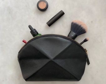 Pyramid Make up bag made of genuine leather with unique origami detail - black leather dopp bag for her - bridesmaids gift