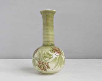 Vintage Jersey Pottery Bud Vase, Hand Painted Vase, Small Ceramic Decorative Vase, Green and Brown Vase