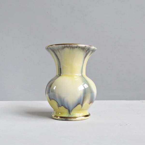 Vintage Small Decorative Swirly Pattern Vase from Germany - Blue Grey Brown Yellow White Gilt Edged Small Vase