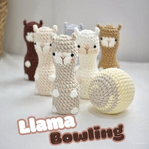 May include: A set of handmade llama bowling pins in various colors, including brown, beige, and white, with a matching two-tone bowling ball. The pins have a cute, cartoonish design. The text "Llama Bowling" is displayed at the bottom.