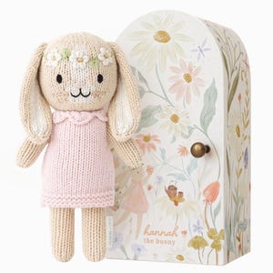 May include: A knitted bunny doll wearing a pink dress and a daisy crown stands next to a floral-decorated wooden door. The door features a brass knob and the words "hannah the bunny". The bunny has long ears and a sweet expression.