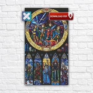 May include: A stained glass artwork featuring characters from a fantasy story. The top section depicts a circular scene with figures holding swords. The bottom section shows individual figures in arched panels. The words "DOWNLOAD PDF" are visible.