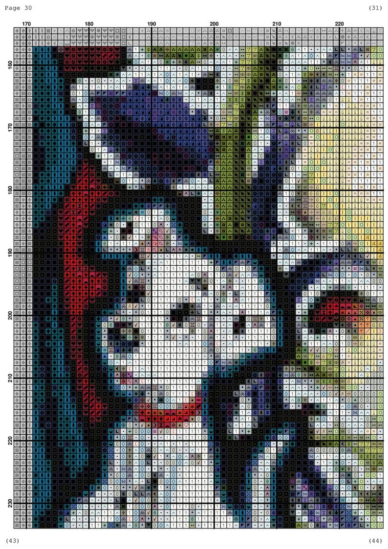 Op de afbeelding: Een kruissteekpatroon met een gestileerd portret. Het ontwerp maakt gebruik van een raster van gekleurde vierkanten om de afbeelding te cre&euml;ren. Het kleurenpalet omvat tinten blauw, rood, wit en groen, waardoor een gedetailleerd, gepixeld kunstwerk ontstaat.