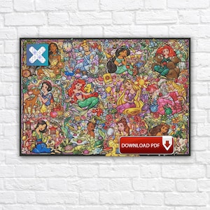 Puede incluir: Una impresión artística en vitral enmarcada con varias princesas de Disney. La obra de arte es colorida, con cada princesa representada en un entorno único. El marco es negro y la impresión incluye el texto "DOWNLOAD PDF".