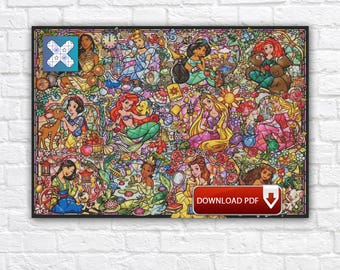 Cartoon glas-in-lood kruissteekpatroon, prinses borduurontwerp, digitale download pdf-grafiek
