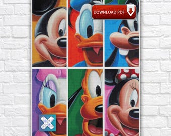 Mickey Mouse Cross Stitch Pattern, Cartoon Characters Embroidery Design, Digital Download PDF Chart