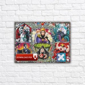 Op de afbeelding: Een ingelijste print met een collage van Disney-schurken. Het kunstwerk toont Cruella de Vil, de boze koningin, Ursula en anderen. De print heeft een glas-in-loodstijl met sierlijke randen en de tekst "DOWNLOAD PDF".