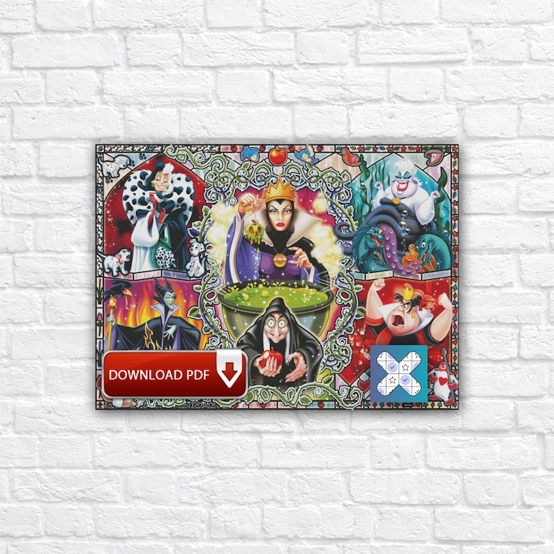 Op de afbeelding: Een ingelijste print met een collage van Disney-schurken. Het kunstwerk toont Cruella de Vil, de boze koningin, Ursula en anderen. De print heeft een glas-in-loodstijl met sierlijke randen en de tekst "DOWNLOAD PDF".