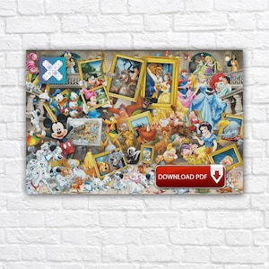 Puede incluir: Un collage colorido con numerosos personajes de Disney, incluyendo Mickey Mouse, Donald Duck y varias princesas. La obra de arte incluye imágenes enmarcadas y un botón "DESCARGAR PDF", todo sobre una pared de ladrillos blancos.