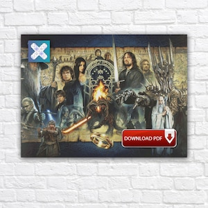 May include: A poster featuring characters from The Lord of the Rings. The artwork includes Gandalf, Frodo, Aragorn, and the Eye of Sauron. A gold ring is in the foreground, with a red "DOWNLOAD PDF" button.