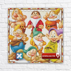 May include: A colorful illustration featuring the seven dwarfs from Snow White. Each dwarf is depicted in their signature outfit, with varying expressions. The image is set against a cream-colored background with a decorative border. A "DOWNLOAD PDF" button is visible.