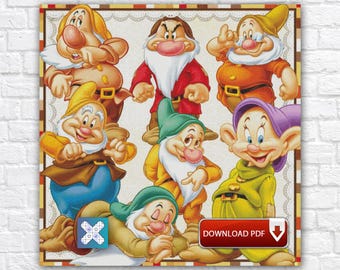 Snow White Cross Stitch Pattern, 7 Dwarfs Embroidery Design, Cartoon Instant PDF Chart