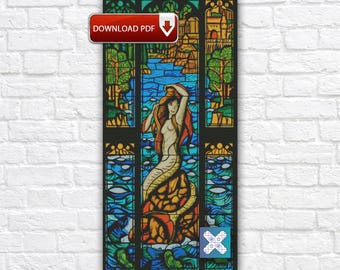 Wizard Cross Stitch Pattern, Wizard Embroidery Design, Mermaid Stained Glass Digital Instant Download PDF Chart