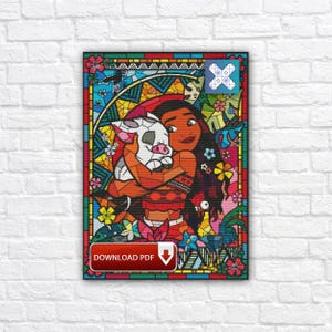 May include: A stained glass style print featuring a woman hugging a pig, surrounded by colorful flowers and tropical foliage. The image has a vibrant color palette with a red, orange, and yellow theme. The words "DOWNLOAD PDF" are at the bottom.