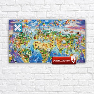 Puede incluir: Un colorido rompecabezas de mapa del mundo con ilustraciones detalladas de monumentos, animales y personas. El rompecabezas presenta un diseño vibrante con mariposas y globos aerostáticos. El texto "DOWNLOAD PDF" es visible.