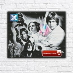 Puede incluir: Póster en blanco y negro de Star Wars con Darth Vader, Luke Skywalker, la Princesa Leia, Han Solo, Obi-Wan Kenobi, C-3PO y R2-D2. El póster incluye el texto "DOWNLOAD PDF" en un recuadro rojo.