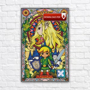 Puede incluir: Una obra de arte enmarcada al estilo vidriera que presenta a una mujer rubia y un personaje vestido de verde con un escudo y una espada. La obra tiene un diseño colorido con las palabras "DOWNLOAD PDF" en la esquina superior derecha.