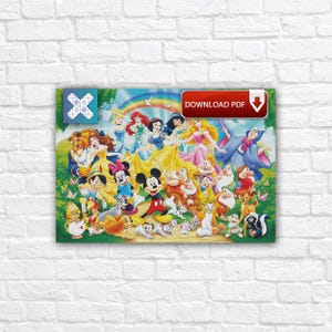 May include: A colorful print featuring various Disney characters, including princesses, Mickey Mouse, and the Seven Dwarfs. The image has a rainbow and the words "DOWNLOAD PDF". The artwork is set against a green background.