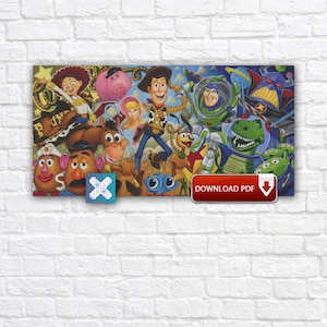 Op de afbeelding: Een kleurrijke collage met personages uit de animatiefilm "Toy Story". Woody, Buzz Lightyear, Jessie, Mr. Potato Head en andere personages zijn afgebeeld. De afbeelding bevat een "DOWNLOAD PDF" knop.