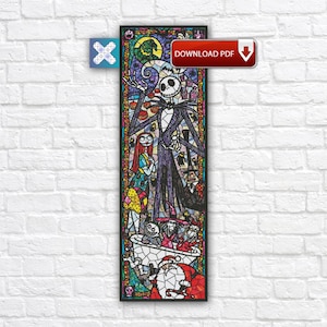 May include: A stained glass panel featuring Jack Skellington from The Nightmare Before Christmas. The artwork includes Jack, Sally, and other characters in a colorful, detailed design. The panel has a black frame and the words "DOWNLOAD PDF".