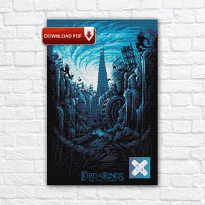 Op de afbeelding: Een donkerblauwe poster met een scène uit "The Lord of the Rings: The Two Towers". De illustratie toont een hoge toren, figuren en structuren in een dramatische, gestileerde illustratie. De woorden "DOWNLOAD PDF" zijn zichtbaar.