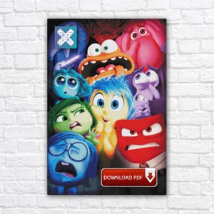 May include: A poster featuring characters from the animated movie "Inside Out." The characters are depicted with exaggerated expressions, showcasing emotions like joy, sadness, anger, fear, and disgust. A red button with the text "DOWNLOAD PDF" is visible.