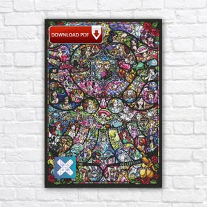 Pode incluir: Uma impressão emoldurada em estilo vitral com vários personagens da Disney. A obra de arte é colorida, com uma variedade de princesas e outros personagens. A moldura é preta e a impressão inclui o texto "DOWNLOAD PDF" e "Dine Collection".