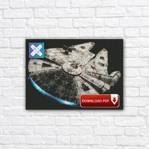 May include: A detailed illustration of the Millennium Falcon starship, featuring a detailed design with various panels and textures. The image includes a blue glow effect and a red button with the text "DOWNLOAD PDF".