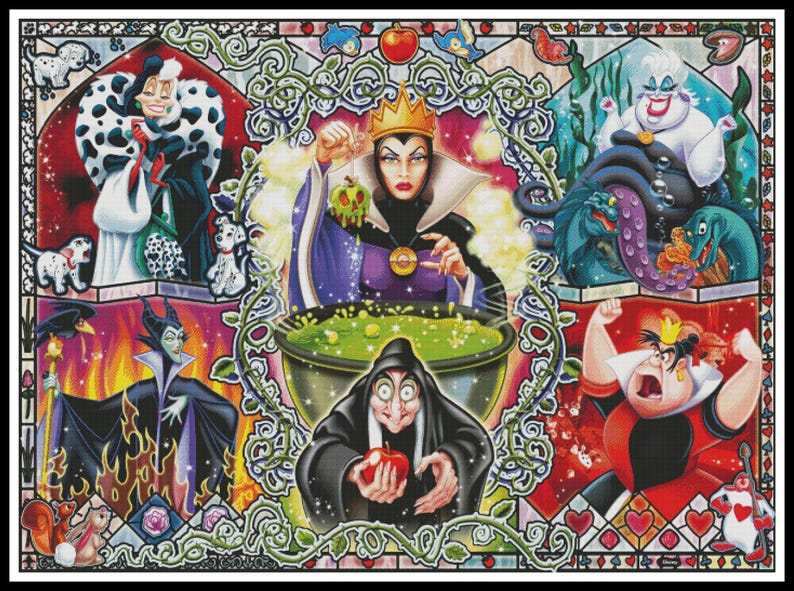 Op de afbeelding: Een kleurrijke illustratie in glas-in-loodstijl met verschillende Disney-schurken. Cruella De Vil, Maleficent, de boze koningin, Ursula en de hartenkoningin zijn afgebeeld in een decoratief kader met een zwarte rand. De afbeelding heeft een fantasiethema.