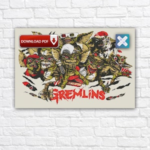 May include: A poster featuring a group of Gremlins in various poses. The word "GREMLINS" is in red, stylized lettering. The poster includes a "DOWNLOAD PDF" button.