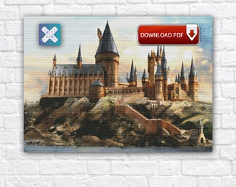 Wizard Cross Stitch Pattern, Magic Castle Embroidery Design, Digital Instant Download PDF Chart