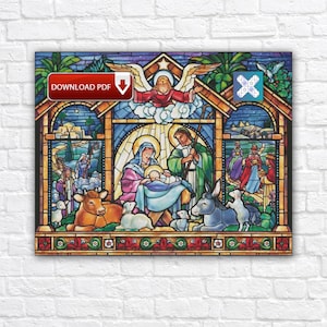 May include: A stained glass style digital illustration of a nativity scene featuring a central manger with figures, an angel above, and animals including a cow, donkey, and sheep. The artwork includes a red DOWNLOAD PDF button in the top left corner.
