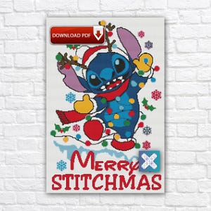 May include: A cross-stitch pattern featuring a blue alien character wearing a Santa hat and wrapped in colorful Christmas lights. The design includes snowflakes, holly leaves, and the red text "Merry STITCHMAS" at the bottom of the grid.