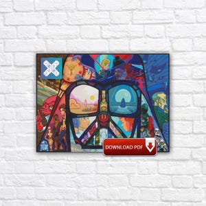 Puede incluir: Una obra de arte enmarcada que presenta una ilustración de estilo mosaico del casco de Darth Vader, llena de escenas y personajes de una franquicia de ciencia ficción. La obra de arte tiene un marco negro e incluye un botón "DESCARGAR PDF".