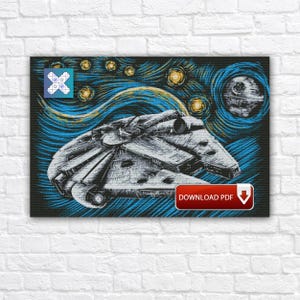 Könnte beinhalten: Ein Star Wars-Kunstplakat mit dem Millennium Falken, dem Todesstern und einem Sternenhimmel im Stil von Van Gogh. Das Kunstwerk ist überwiegend blau, schwarz und weiß, mit gelben Akzenten. Ein roter Button mit dem Text "DOWNLOAD PDF" ist sichtbar.