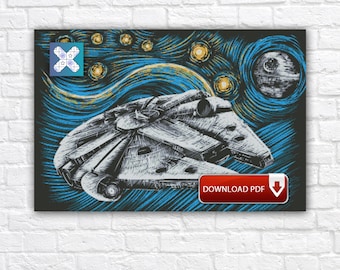 Patrón de punto de cruz del Halcón Milenario, diseño de bordado de nave espacial de Star Wars, gráfico en PDF de descarga instantánea