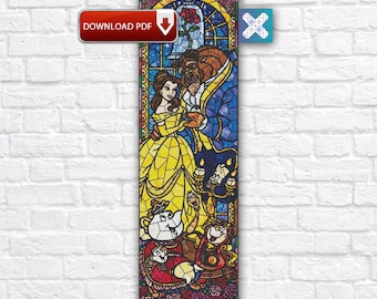 Beauty And The Beast Stained Glass Cross Stitch Pattern, Cartoon Princess Belle Embroidery Design, Instant Download PDF Chart
