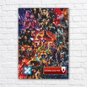 Può includere: Un poster colorato con un collage di personaggi dei film degli Avengers. Il poster ha uno schema di colori rosso e viola con le parole "DOWNLOAD PDF" in una casella rossa. L'immagine è su un muro di mattoni bianchi.