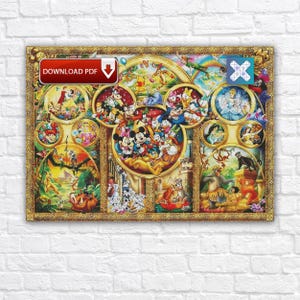 Puede incluir: Una obra de arte enmarcada con temática de Disney, con un borde dorado y varios paneles circulares y rectangulares. Los personajes incluyen a Mickey Mouse, Cenicienta y Simba. Las palabras "DOWNLOAD PDF" son visibles en un cuadro rojo.