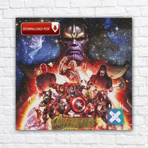 Könnte beinhalten: Ein quadratischer Druck mit Charakteren aus Marvels Avengers: Infinity War. Das Bild zeigt Thanos, Captain America und andere Helden. Die Worte "DOWNLOAD PDF" befinden sich in einem roten Feld oben links. Das Avengers-Logo befindet sich unten.