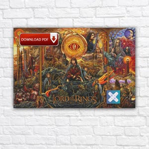 May include: A colorful poster featuring characters and scenes from "The Lord of the Rings: The Two Towers." The artwork includes the Eye of Sauron, figures in cloaks, and the text "DOWNLOAD PDF."