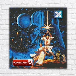 Peut inclure: Une affiche pixelisée de Star Wars avec Dark Vador, Luke Skywalker, la Princesse Leia, C-3PO et R2-D2. L'affiche a une palette de couleurs bleue et noire avec le texte "DOWNLOAD PDF" en bas.