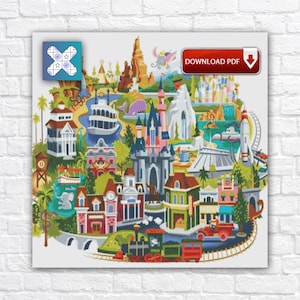 May include: A colorful cross-stitch pattern featuring a whimsical theme park scene with various buildings, a train, and a rocket. The image includes a "DOWNLOAD PDF" button and a small icon with a cross and stars.