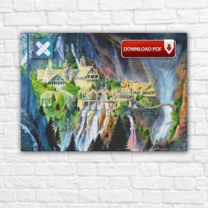 May include: A canvas print of a fantasy landscape featuring a cascading waterfall and a bridge leading to a castle. The artwork has a vibrant color palette with shades of blue, green, and gold. The text "DOWNLOAD PDF" is visible.