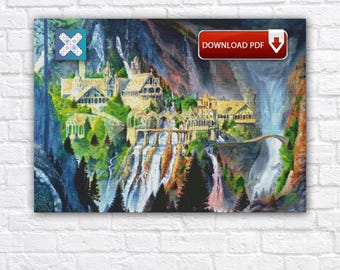 Lord Of The Rings Cross Stitch Pattern, LOTR Castle Embroidery Design, Large Instant Download PDF Chart