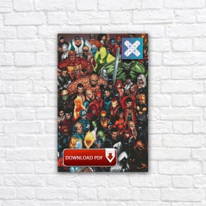 Peut inclure: Une affiche présentant un collage de super-héros de bandes dessinées. L'œuvre présente une multitude de personnages aux couleurs vives, avec les mots "TÉLÉCHARGER PDF" dans une bannière rouge en bas. Un mur de briques blanches sert de fond.