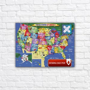Puede incluir: Un mapa colorido de los Estados Unidos de América, con cada estado con su nombre e ilustraciones. El mapa incluye los océanos Pacífico y Atlántico, y el Golfo de México. El botón rojo muestra las palabras "DOWNLOAD PDF".