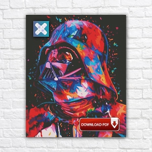 May include: A colorful pop art style portrait of Darth Vader. The artwork features a vibrant mix of red, blue, and yellow hues, with a black background. A button with the text "DOWNLOAD PDF" is visible.